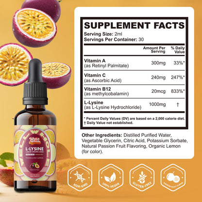 L-Lysine Liquid Drops 1000mg – Immune Support, Skin & Lips Health | Vegan, Non-GMO, 2 Oz