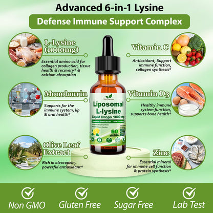 6-in-1 L-Lysine 1000mg Liquid Drops – Immune & Lip Health (Liposomal)