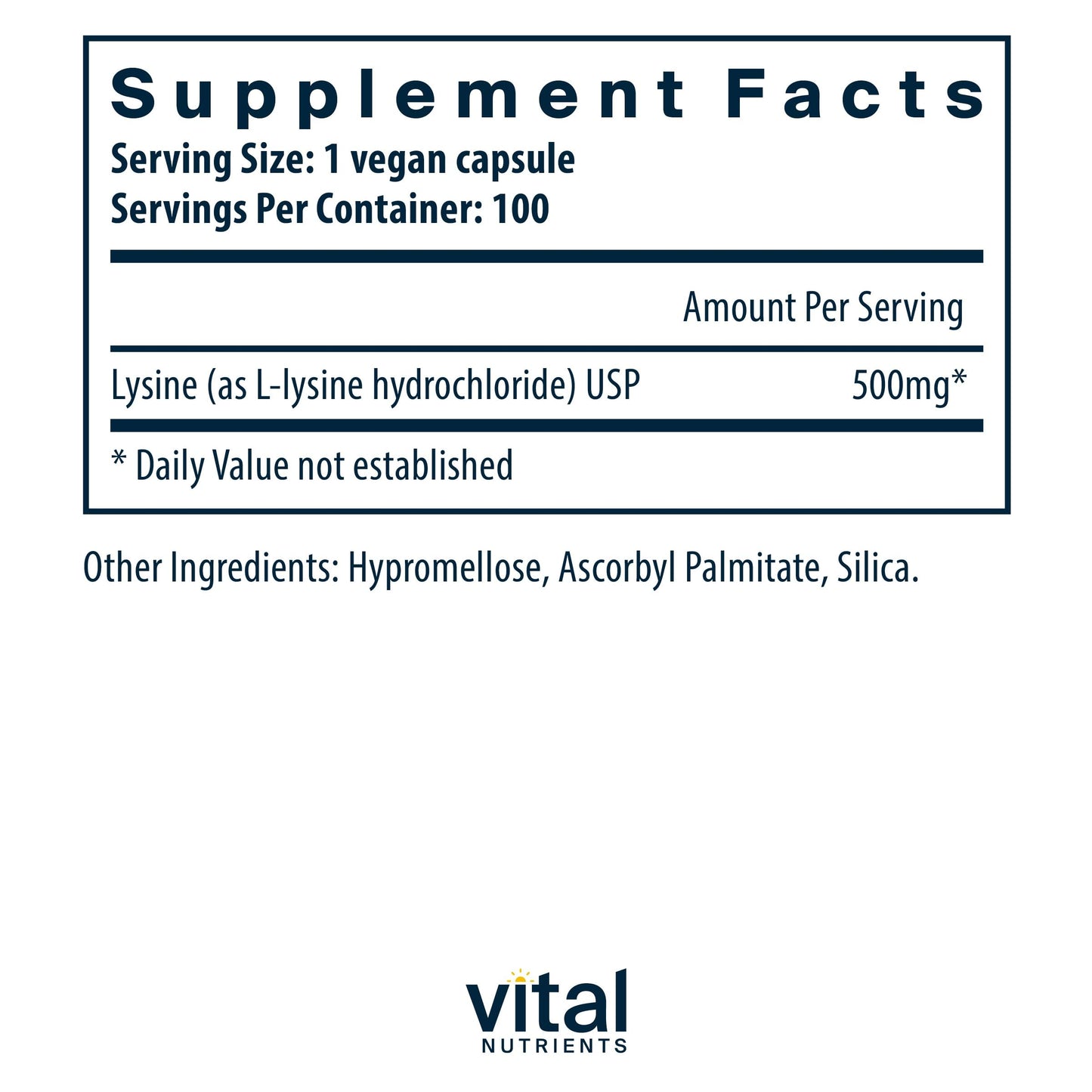 Vital Nutrients Lysine | Immune Support & Lip/Oral Tissue Health | 100 Capsules (Pack of 2)