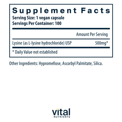 Vital Nutrients Lysine | Immune Support & Lip/Oral Tissue Health | 100 Capsules (Pack of 2)