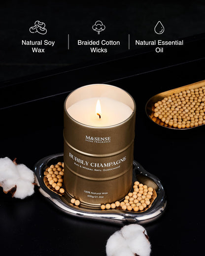 M&SENSE Bubbly Champagne Large Candle – Natural Soy Wax, 120h Burn