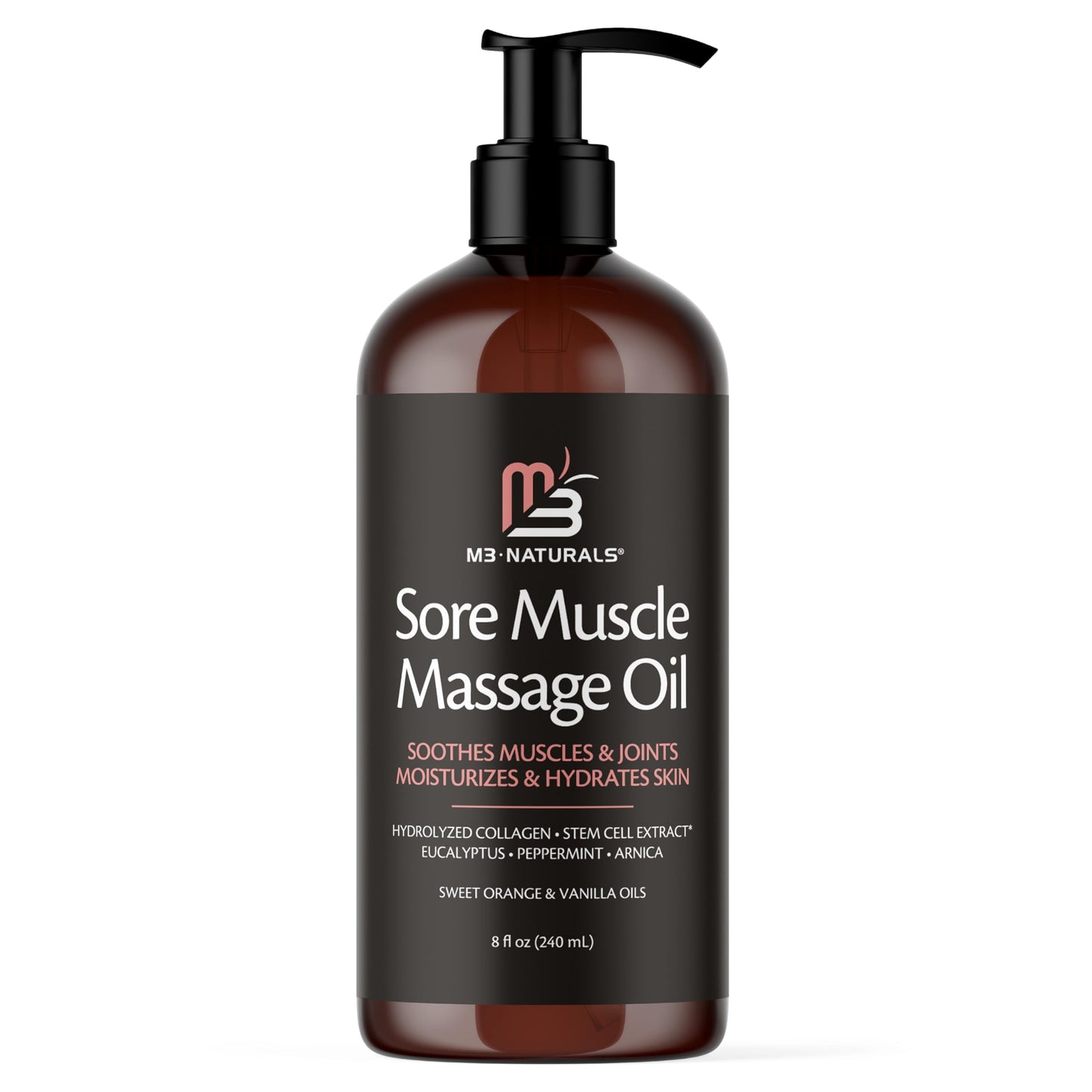 Arnica Sore Muscle Massage Oil with Collagen, Stem Cells & Menthol – Anti-Cellulite, Full-Body, 8 oz | M3 Naturals