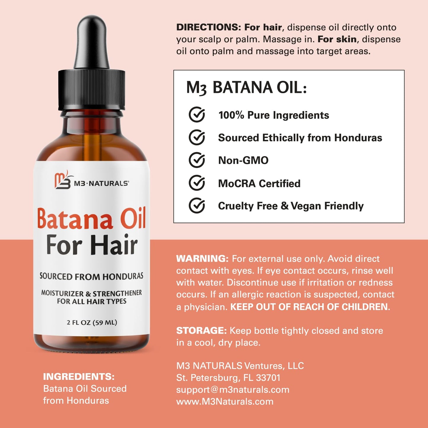 M3 Naturals Vegan Batana Oil – Unrefined, 100% Pure, 2 FL OZ