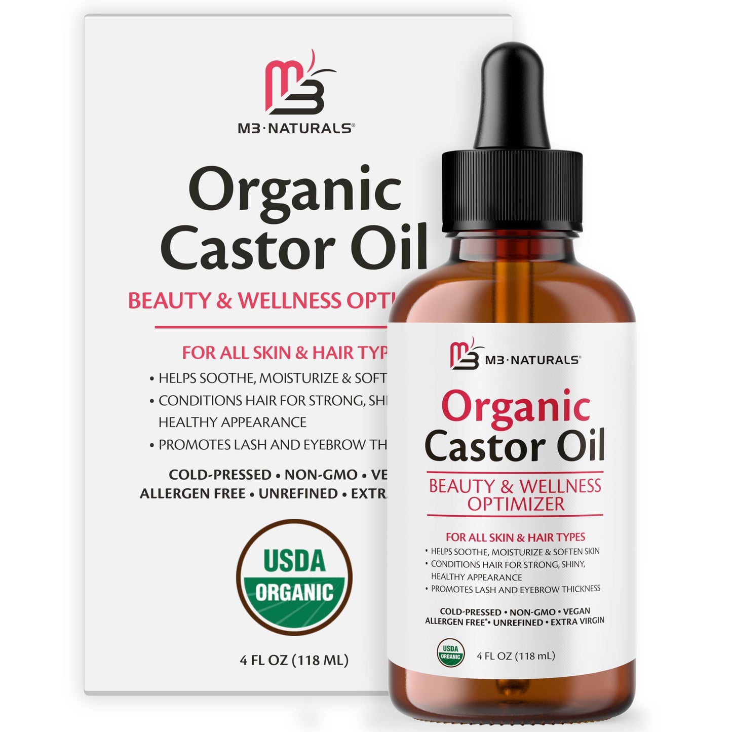 100% Pure Organic Castor Oil for Hair, Lash and Eyebrow Growth, Lymphatic Drainage and Skin Hydration | Hexane-Free, Cold Pressed, Unrefined in a 4 fl oz Glass Bottle with Dropper