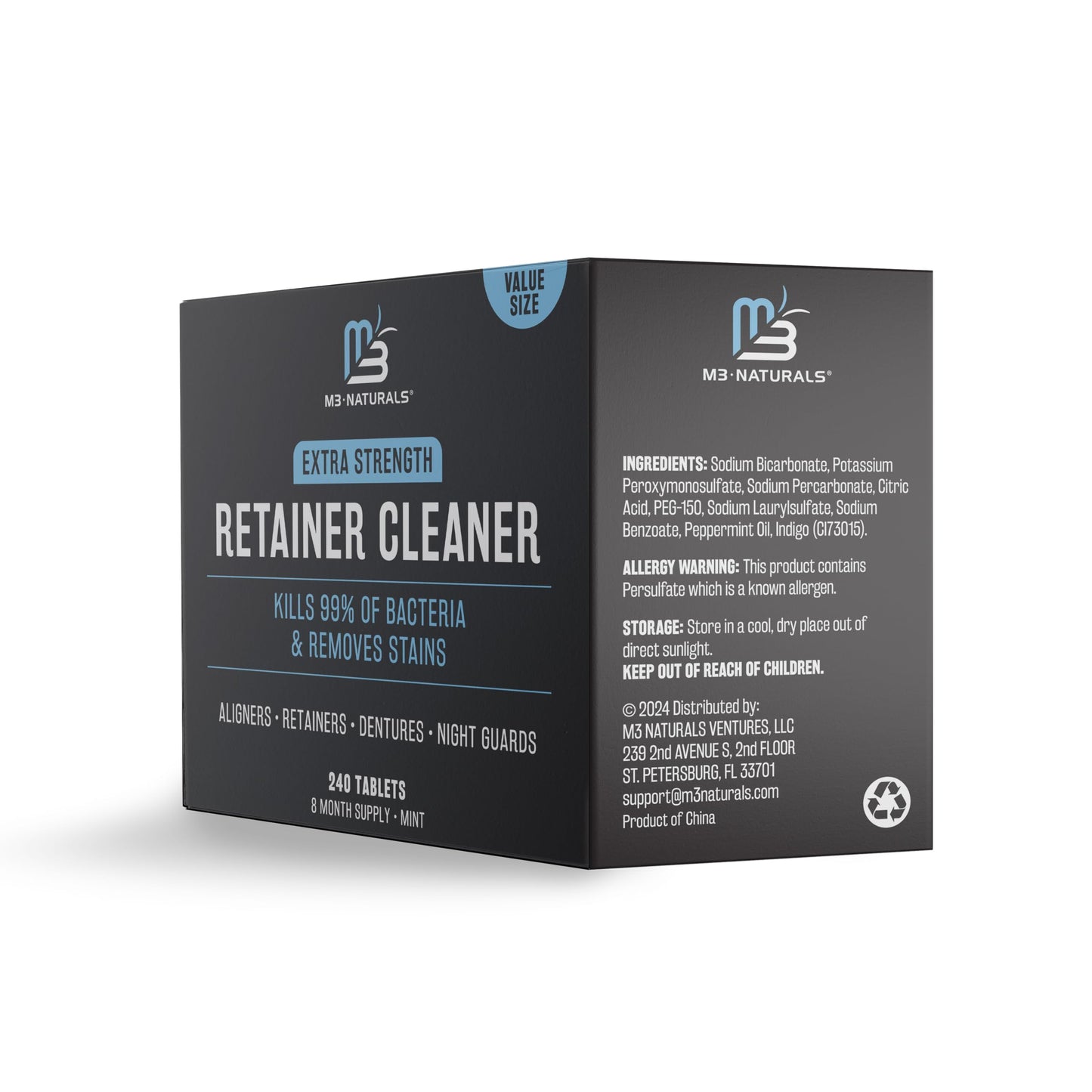 M3 Naturals Retainer and Denture Cleanser – 240 Tablets for Invisalign, Mouth Guards, and Removable Dental Appliances