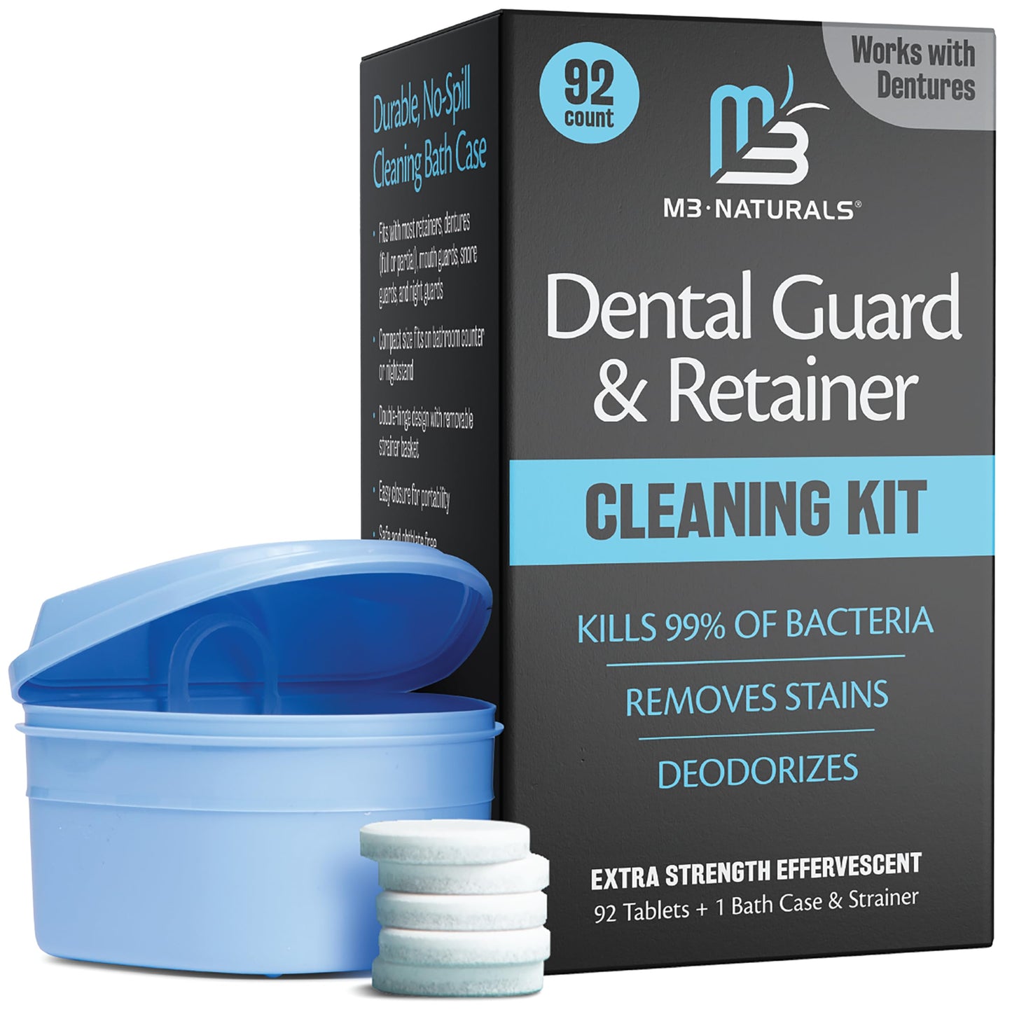 M3 Naturals Retainer Cleaner & Soak Container – Denture Bath Case, 92 Tablets + 1 Bath