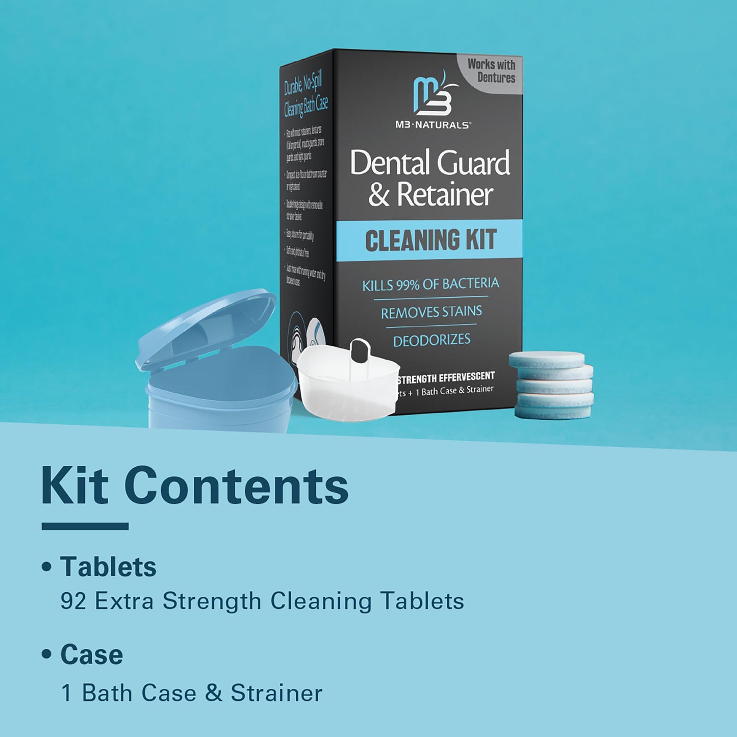M3 Naturals Retainer Cleaner & Soak Container – Denture Bath Case, 92 Tablets + 1 Bath