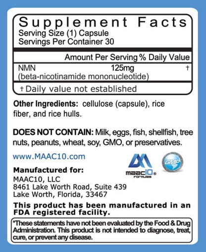 MAAC10 NMN Supplement - 125mg NMN Capsules (30 Count) | NAD+ Booster