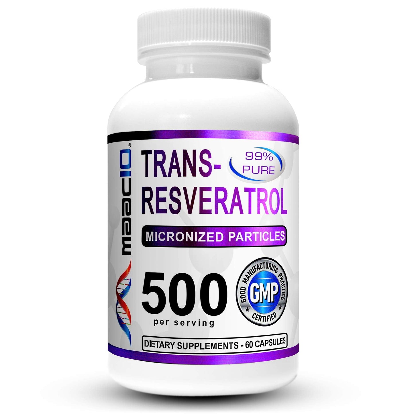 MAAC10 Trans Resveratrol 500mg Supplement (Micronized Pharmaceutical Grade 99% Pure Trans-Resveratrol Extract + BioPerine for Superior Absorption) (2X 250mg Capsules 60ct)