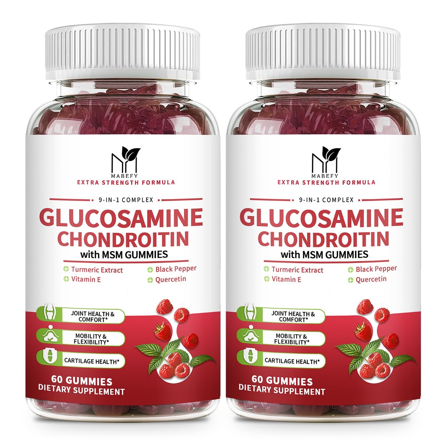 MABEFY 2 Pack Glucosamine Chondroitin Gummies – 1000mg Glucosamine, 750mg Chondroitin, MSM, Turmeric, Quercetin, Vitamin E – Joint Health Raspberry