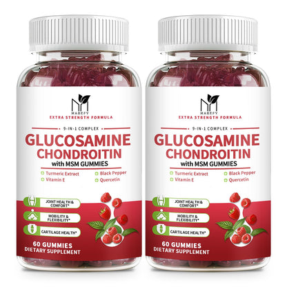 MABEFY 2 Pack Glucosamine Chondroitin Gummies – 1000mg Glucosamine, 750mg Chondroitin, MSM, Turmeric, Quercetin, Vitamin E – Joint Health Raspberry