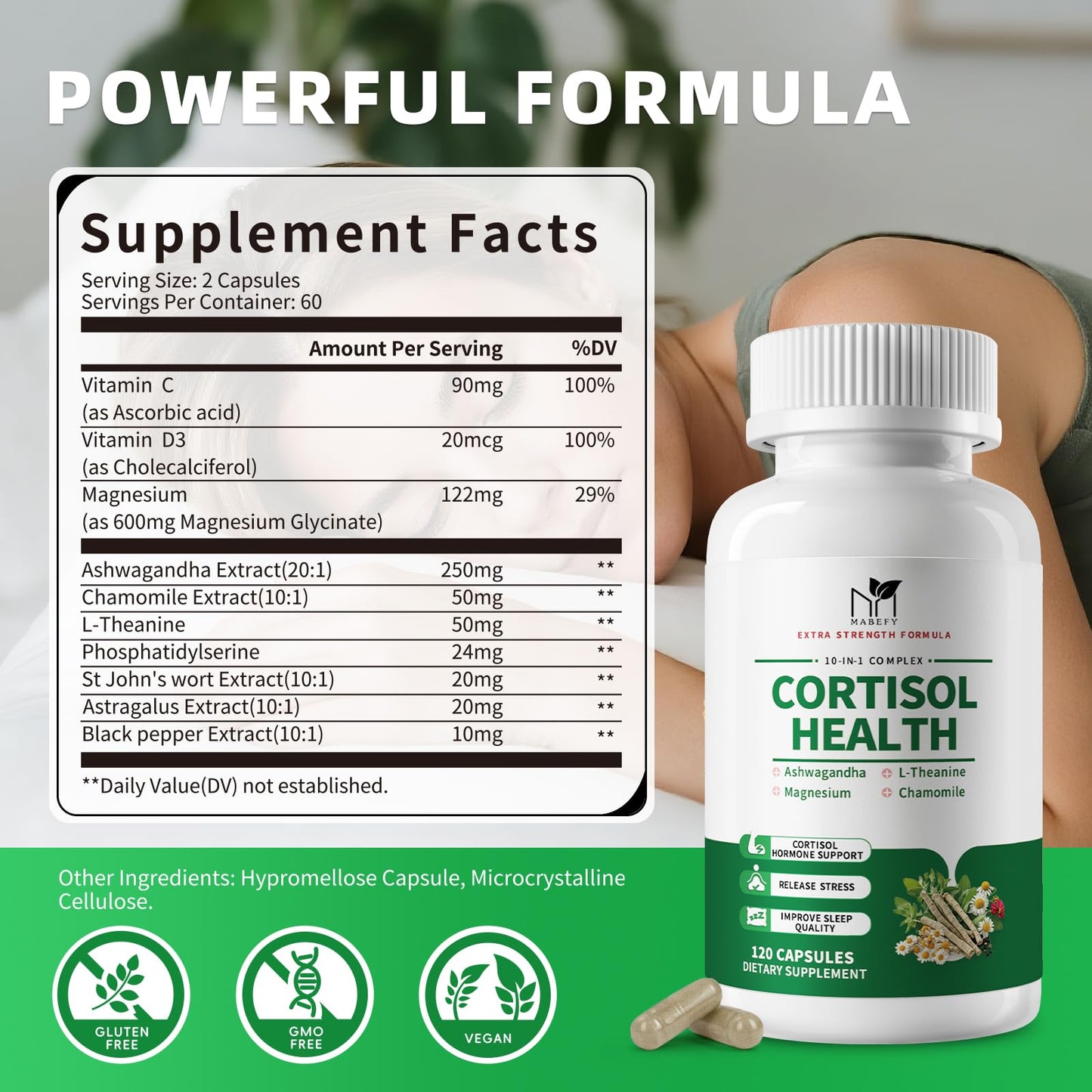 MABEFY 10-in-1 Cortisol Support for Women & Men – Stress, Sleep & Mood (60 Capsules)