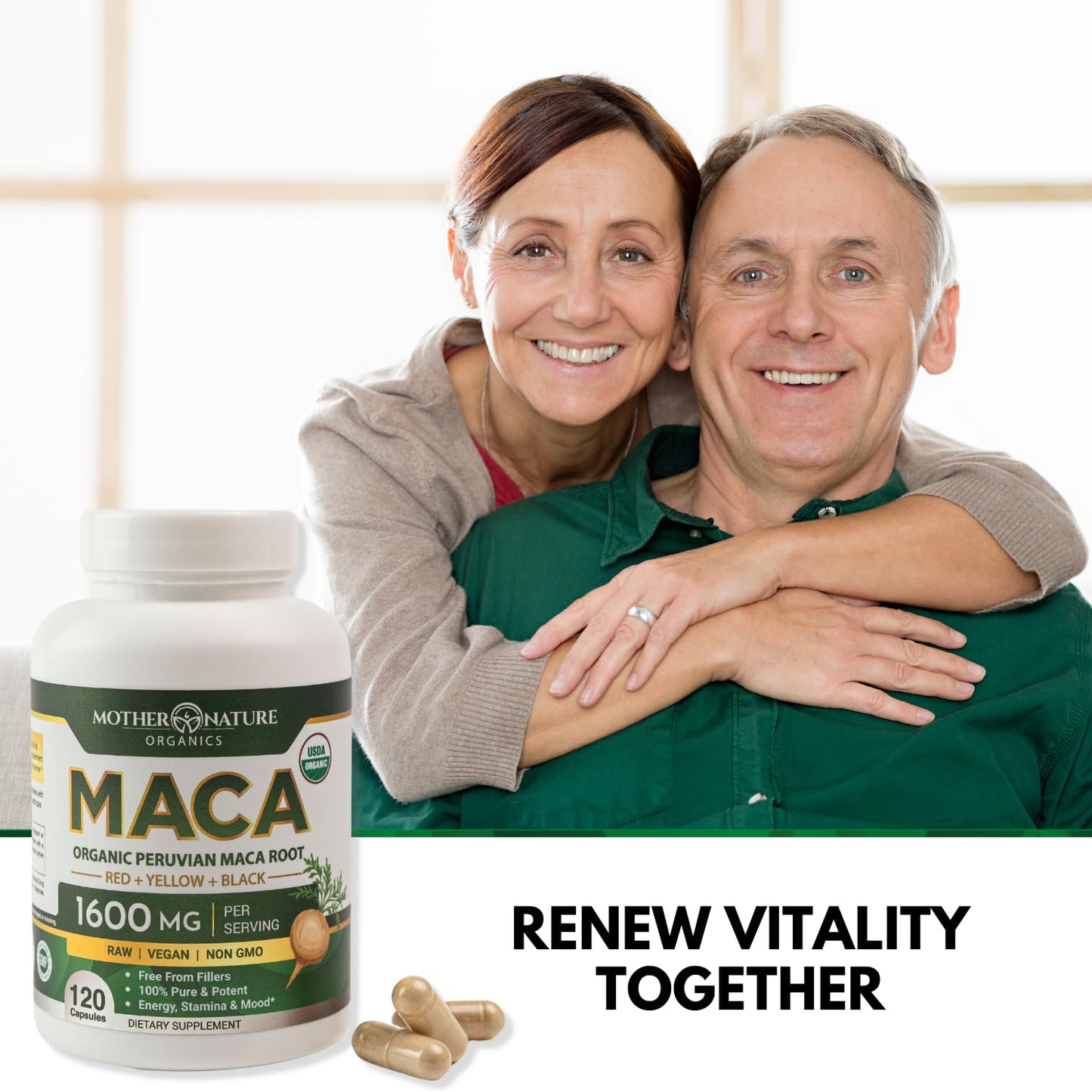 Mother Nature Organic Maca Root Capsules 1600mg – 120 Vegan, Peru Tri-Color Maca