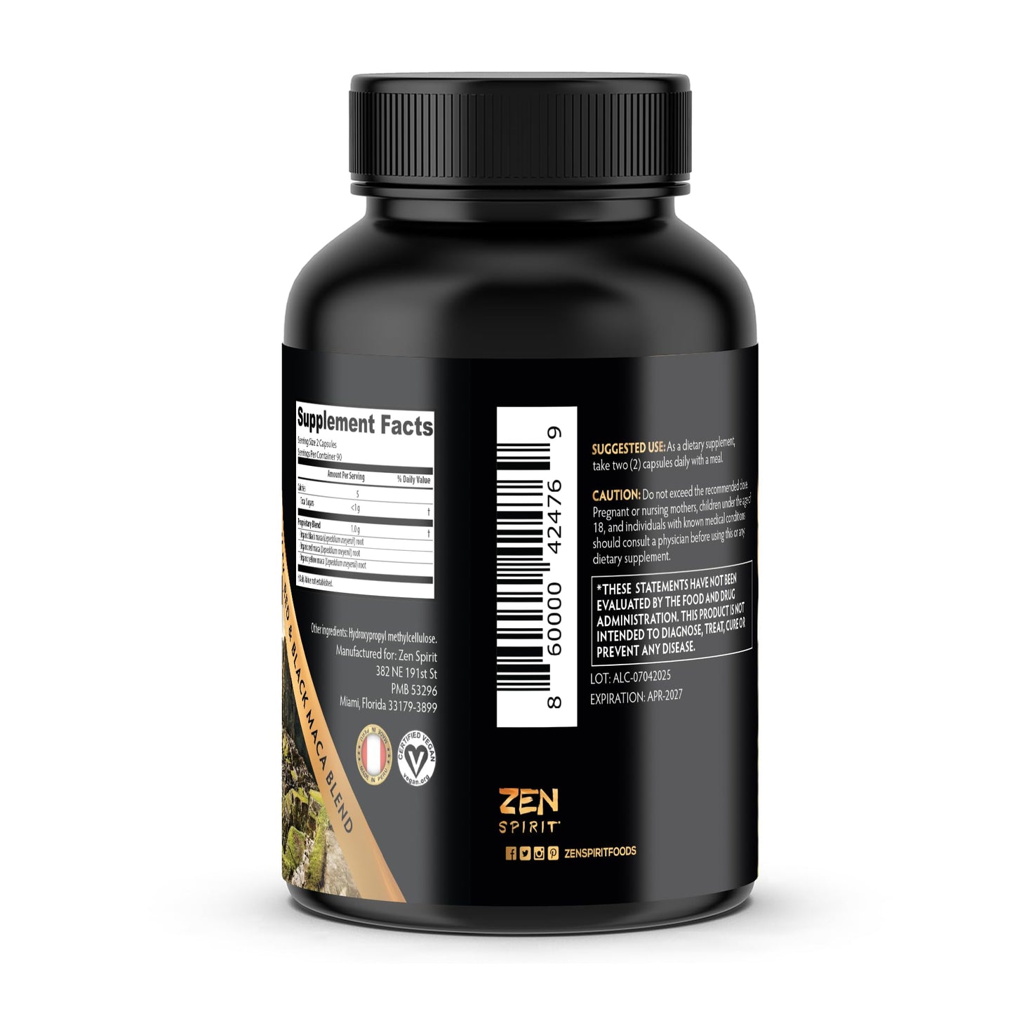 Zen Spirit Maca Root Capsules Gelatinized - Organic, Vegan, 500mg (180 Pills)