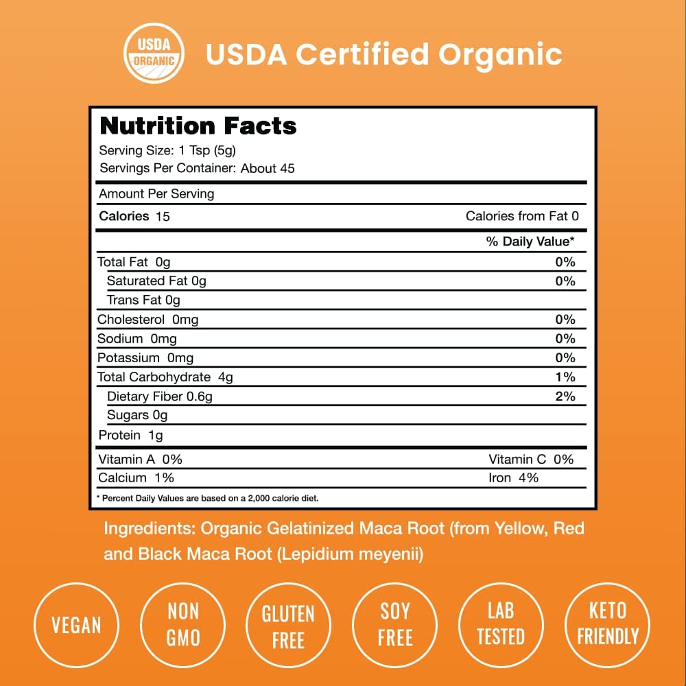 Organic Maca Powder – Gelatinized Peruvian Blend (Yellow, Black & Red Roots) – Vegan & Non-GMO 8oz