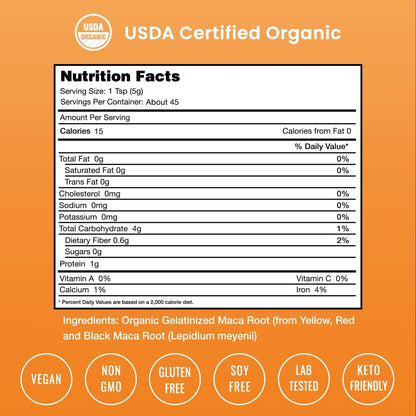 Organic Maca Powder – Gelatinized Peruvian Blend (Yellow, Black & Red Roots) – Vegan & Non-GMO 8oz
