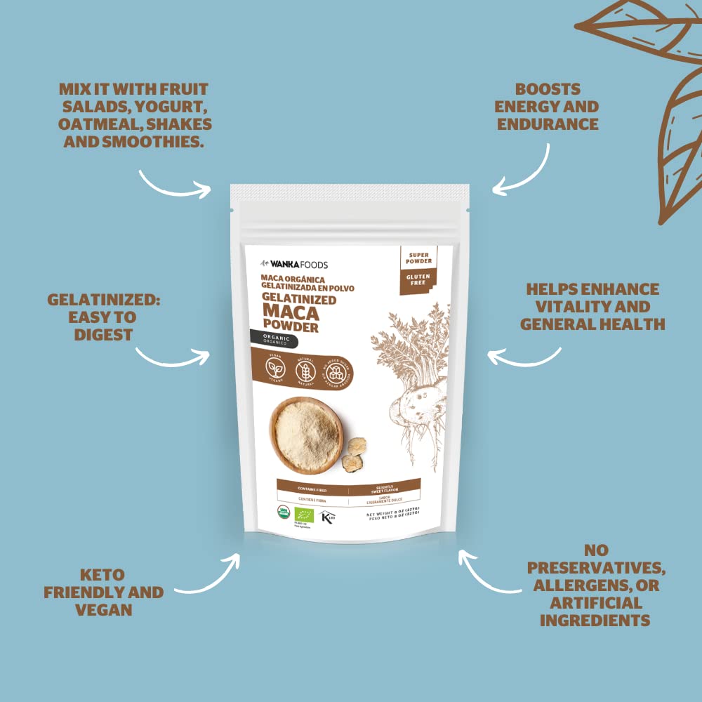 WANKA FOODS Organic Gelatinized Maca Powder – 8oz / 227g | Peruvian Maca Root, Vegan, USDA Organic, Non-GMO, Gluten-Free, Keto-Friendly