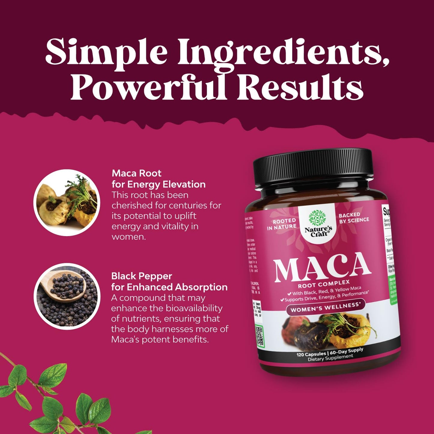 Organic Maca Root Capsules for Women – Non-GMO, Vegan, Gluten-Free (120ct)
