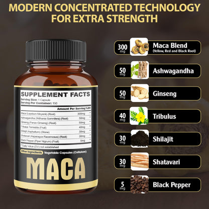 7in1 Premium Maca Root Capsules with Ashwagandha, Ginseng & More | 150 Caps (5 Months) – Natural Energy, Mood & Performance