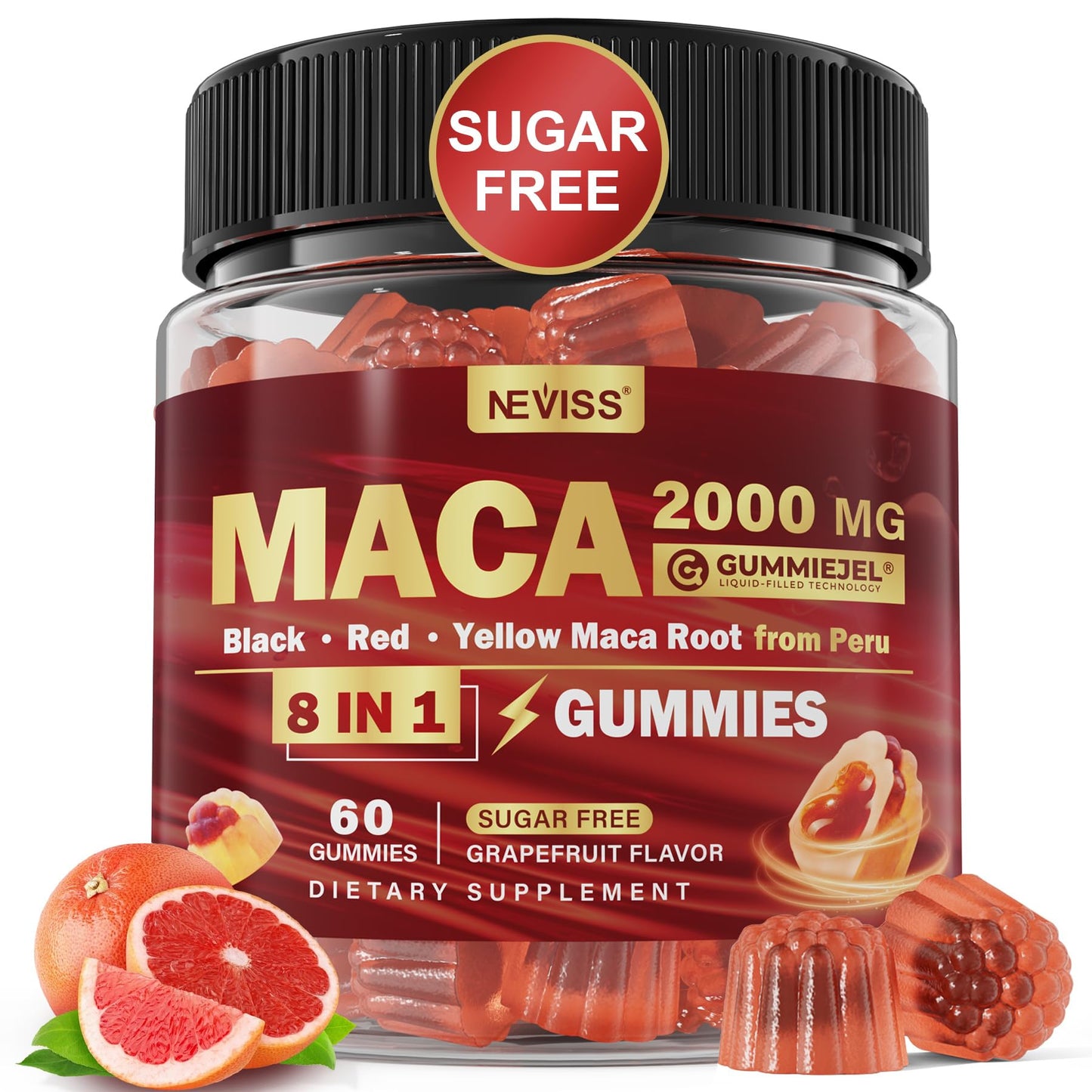 Maca Root Filled Gummies 2000mg for Women & Men – Sugar Free, Ashwagandha & Zinc | Grapefruit Flavor (60 Count)