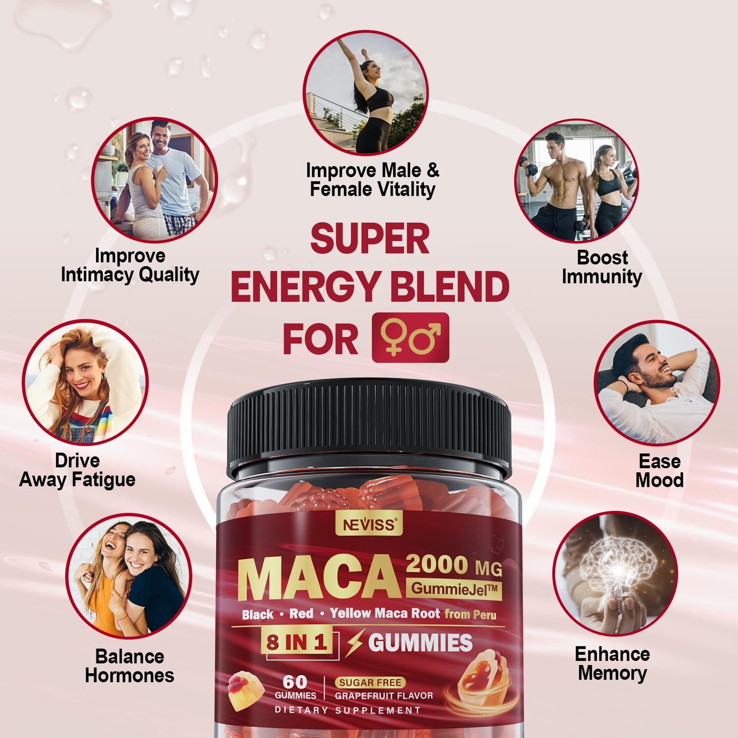 Maca Root Filled Gummies 2000mg for Women & Men – Sugar Free, Ashwagandha & Zinc | Grapefruit Flavor (60 Count)