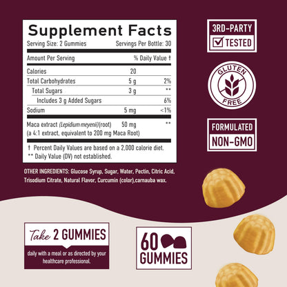Maca Root Gummies Peach Flavor - 200mg Extra Strength for Energy & Hormone Balance