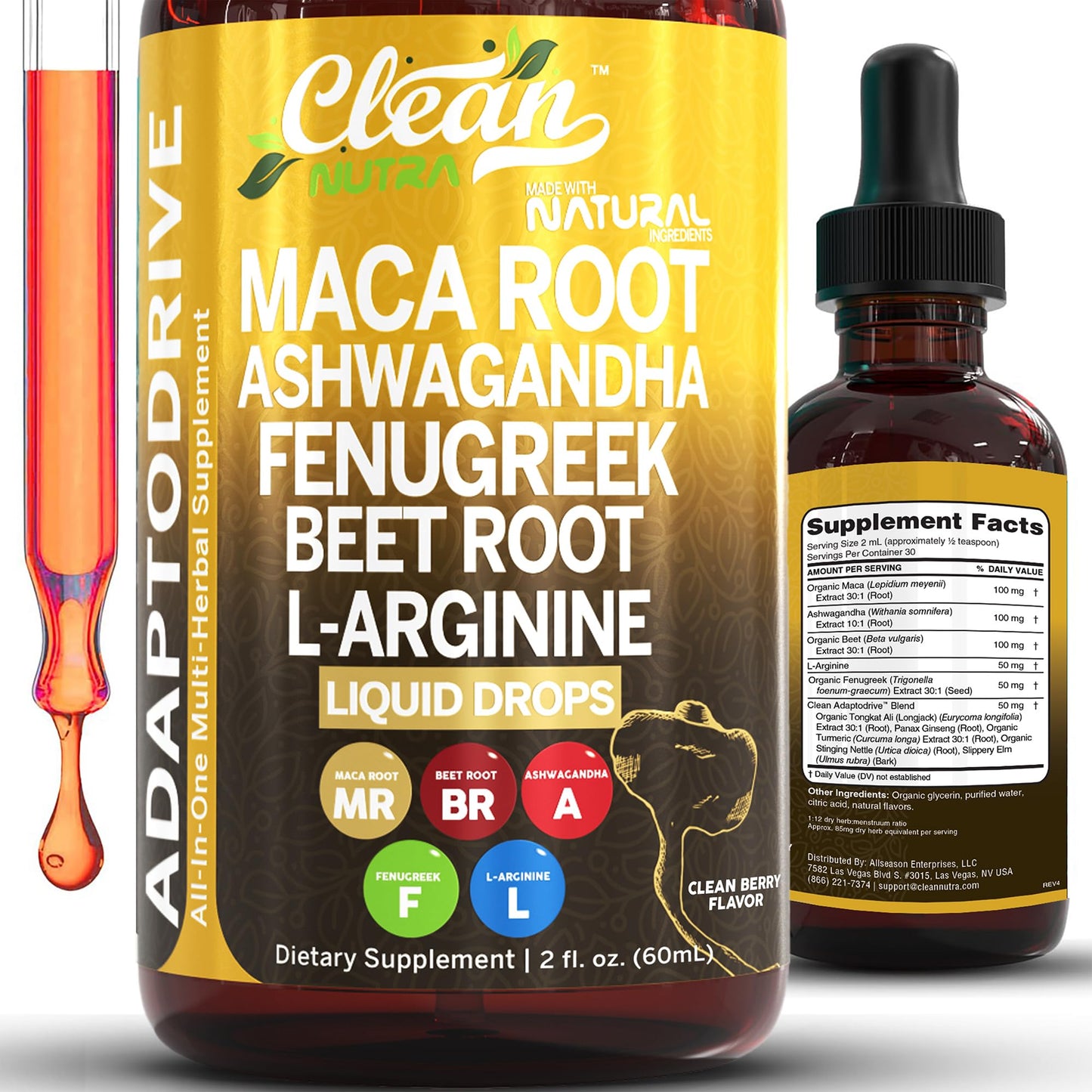 Clean Nutra Maca Root Liquid Drops - Ashwagandha, Beet & L-Arginine | For Women & Men | Adapto Drive