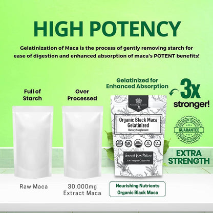 Organic Gelatinized Black Maca – 200 Capsules (1000 mg each) for Energy, Focus & Endurance
