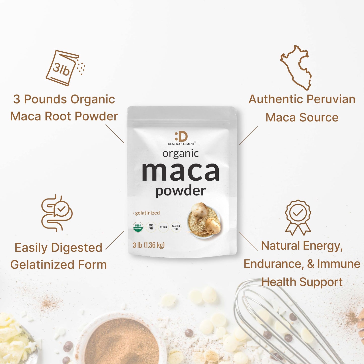 Organic Maca Root Powder (Peru) 3lbs – Gelatinized, Non-GMO | Energy & Immune Support