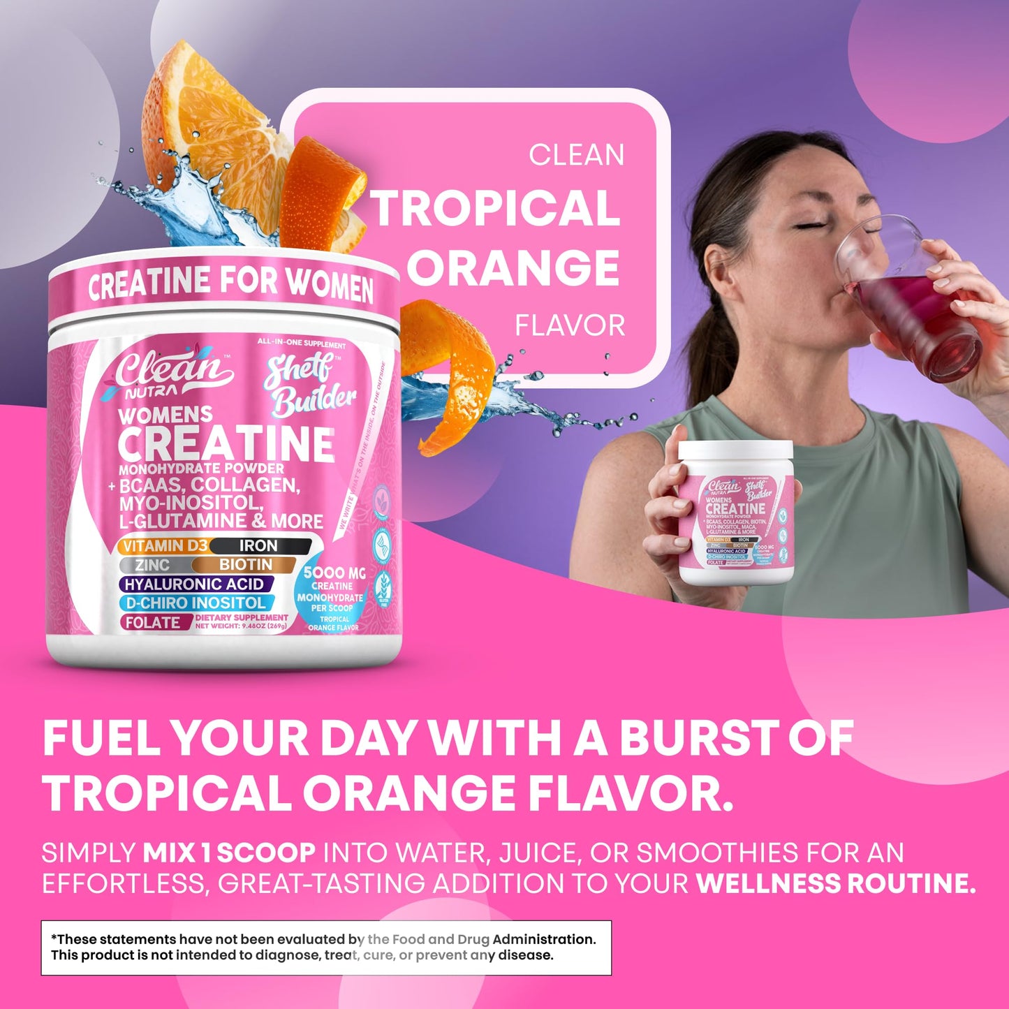 Creatine for Women | Creatine Monohydrate + BCAA Powder Myo-Inositol Collagen Biotin Hyaluronic Acid Folate L Glutamine Vitamin D3 Iron Zinc D-Chiro-Maca Digestion Shelf Builder by Clean Nutra