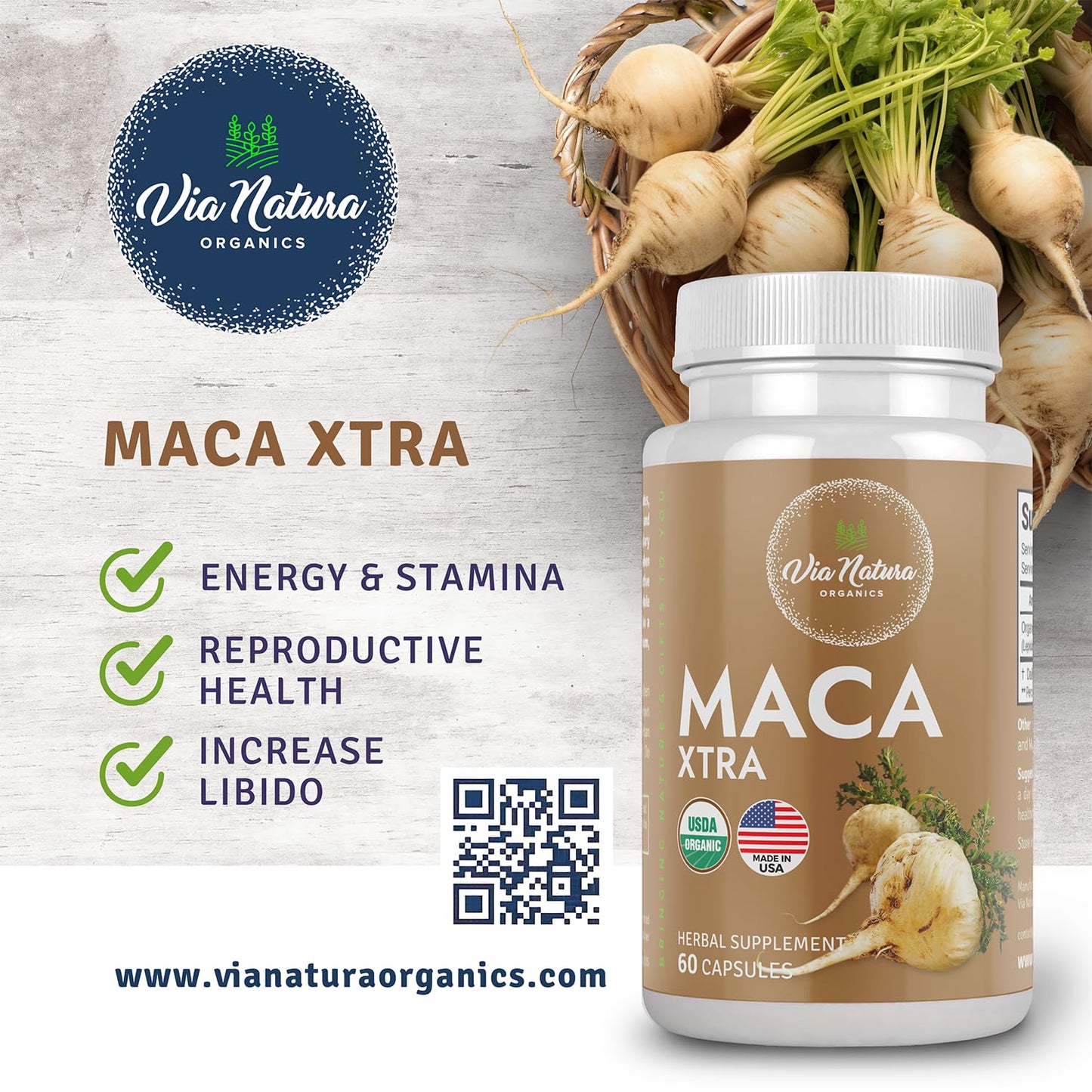Via Natura Organics Maca Xtra Capsules 1000mg | Organic Herbal Supplement | Natural Source of Amino Acids Iron & Magnesium | 60 Capsules