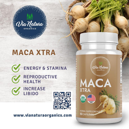 Via Natura Organics Maca Xtra Capsules 1000mg | Organic Herbal Supplement | Natural Source of Amino Acids Iron & Magnesium | 60 Capsules