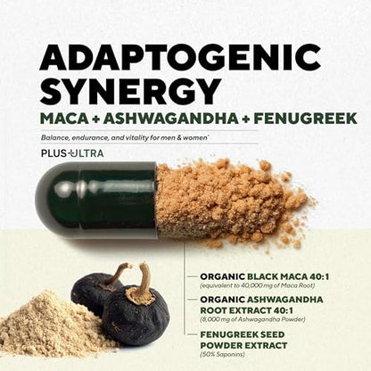 MACAPLUS+ Black Maca Root + Ashwagandha + Fenugreek - #1 Highest Potency Black Maca Root 40,000mg 40x Strength Organic Capsules for Men and Women Supplement 100% Pure Maca Peruana 40:1 Powder Pills