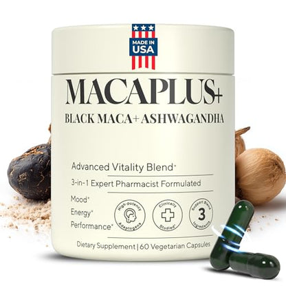 MACAPLUS+ Black Maca Root + Ashwagandha + Fenugreek - #1 Highest Potency Black Maca Root 40,000mg 40x Strength Organic Capsules for Men and Women Supplement 100% Pure Maca Peruana 40:1 Powder Pills