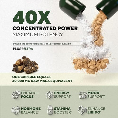 MACAPLUS+ Black Maca Root + Ashwagandha + Fenugreek - #1 Highest Potency Black Maca Root 40,000mg 40x Strength Organic Capsules for Men and Women Supplement 100% Pure Maca Peruana 40:1 Powder Pills
