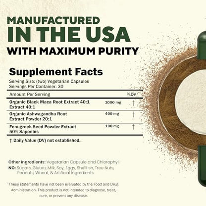 MACAPLUS+ Black Maca Root + Ashwagandha + Fenugreek - #1 Highest Potency Black Maca Root 40,000mg 40x Strength Organic Capsules for Men and Women Supplement 100% Pure Maca Peruana 40:1 Powder Pills