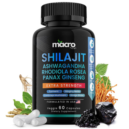 MACRO VITAL Shilajit 8-in-1 Supplement for Men & Women | 60 Veggie Capsules