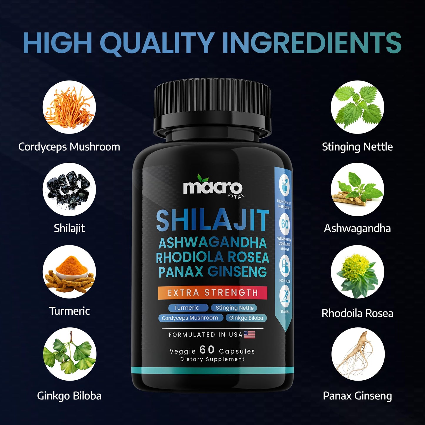 MACRO VITAL Shilajit 8-in-1 Supplement for Men & Women | 60 Veggie Capsules