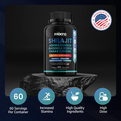 MACRO VITAL Shilajit 8-in-1 Supplement for Men & Women | 60 Veggie Capsules