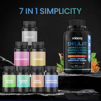 MACRO VITAL Shilajit 8-in-1 Supplement for Men & Women | 60 Veggie Capsules