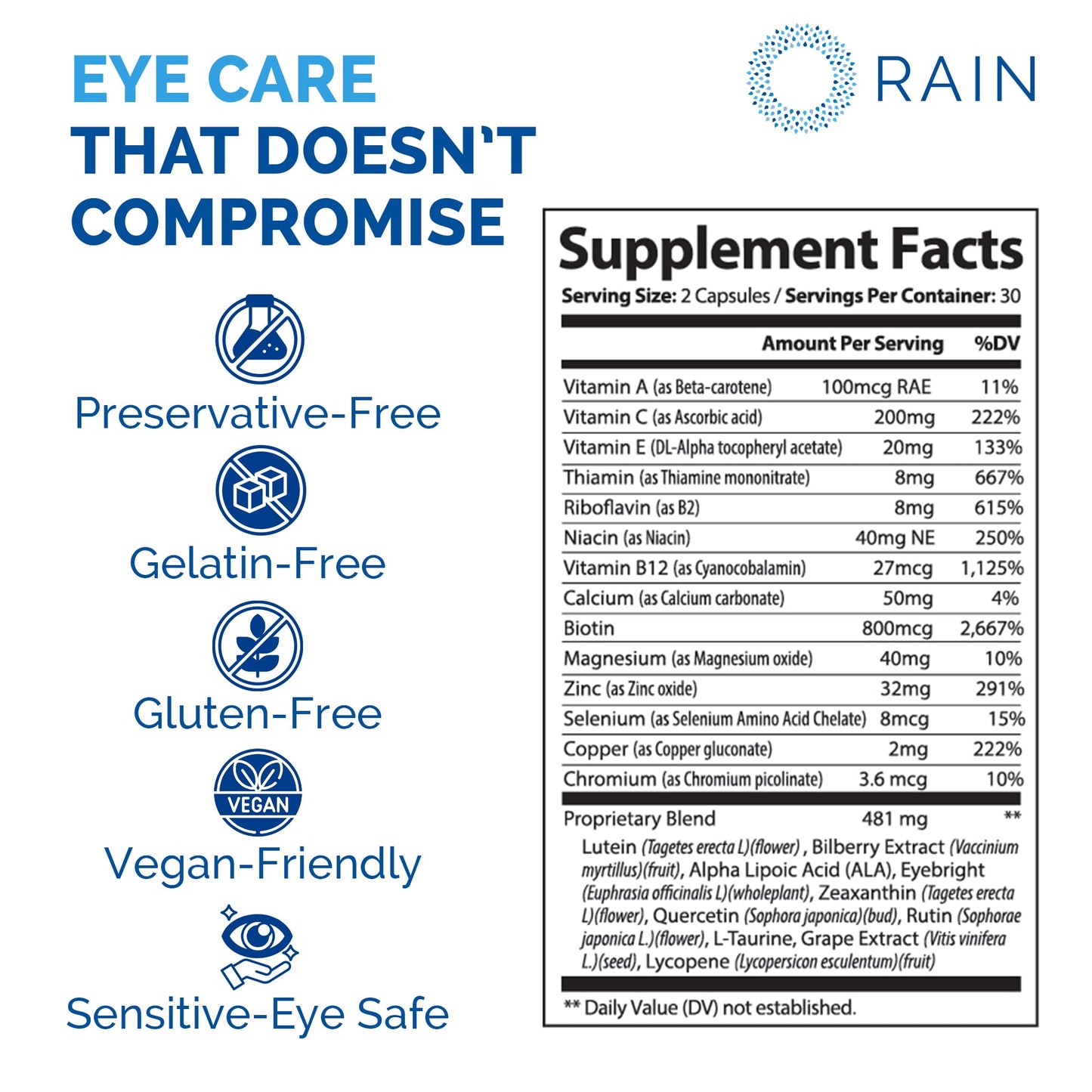 Rain Eye Vitamins & Vision Supplements for Adults – Eye Comfort and Vision Support – Lutein and Zeaxanthin Eye Supplements for Macular Health – 60 Veggie Capsules