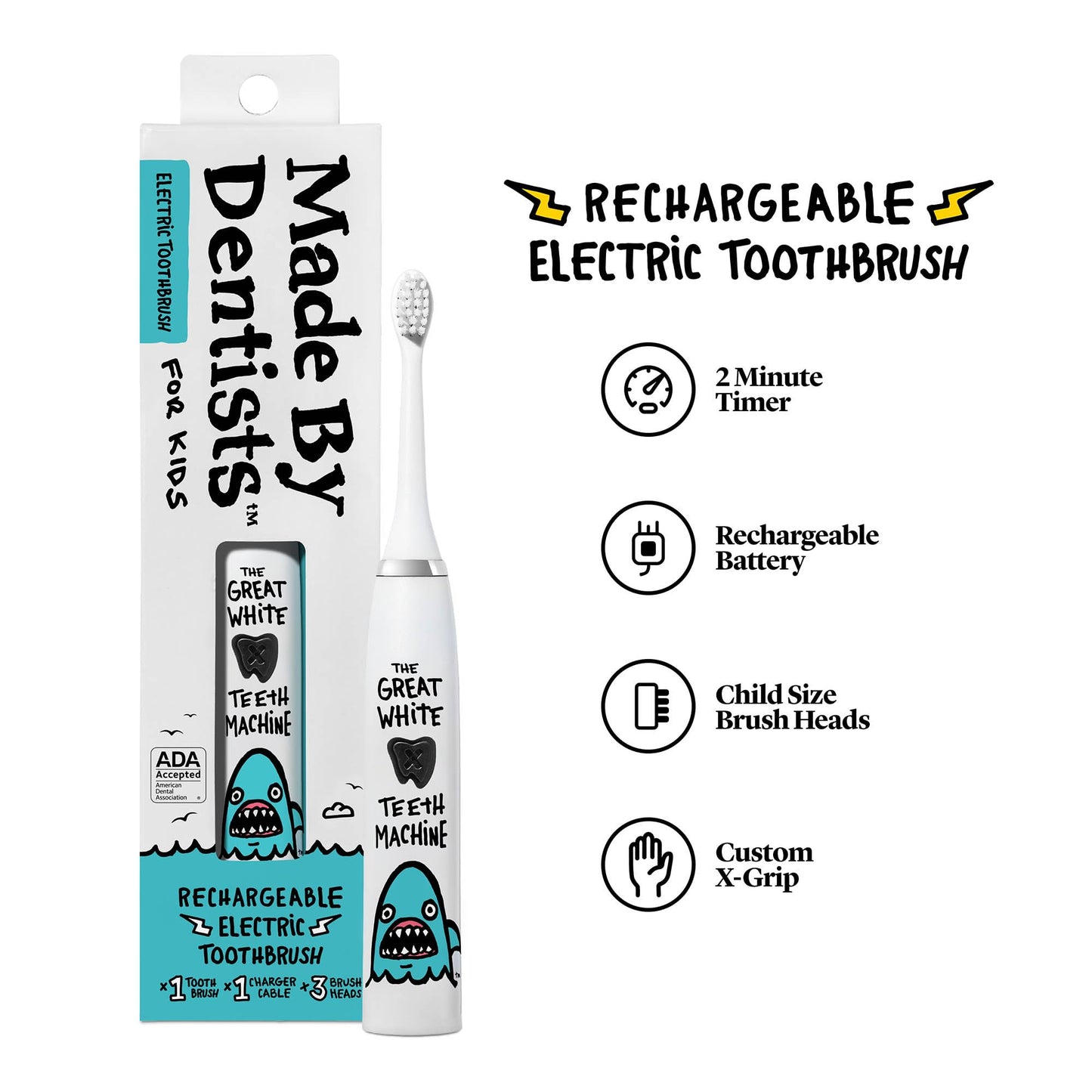 Made by Dentists Kids Electric Toothbrush Shark Design – 2+ Years, Rechargeable, 6 Replacement Heads
