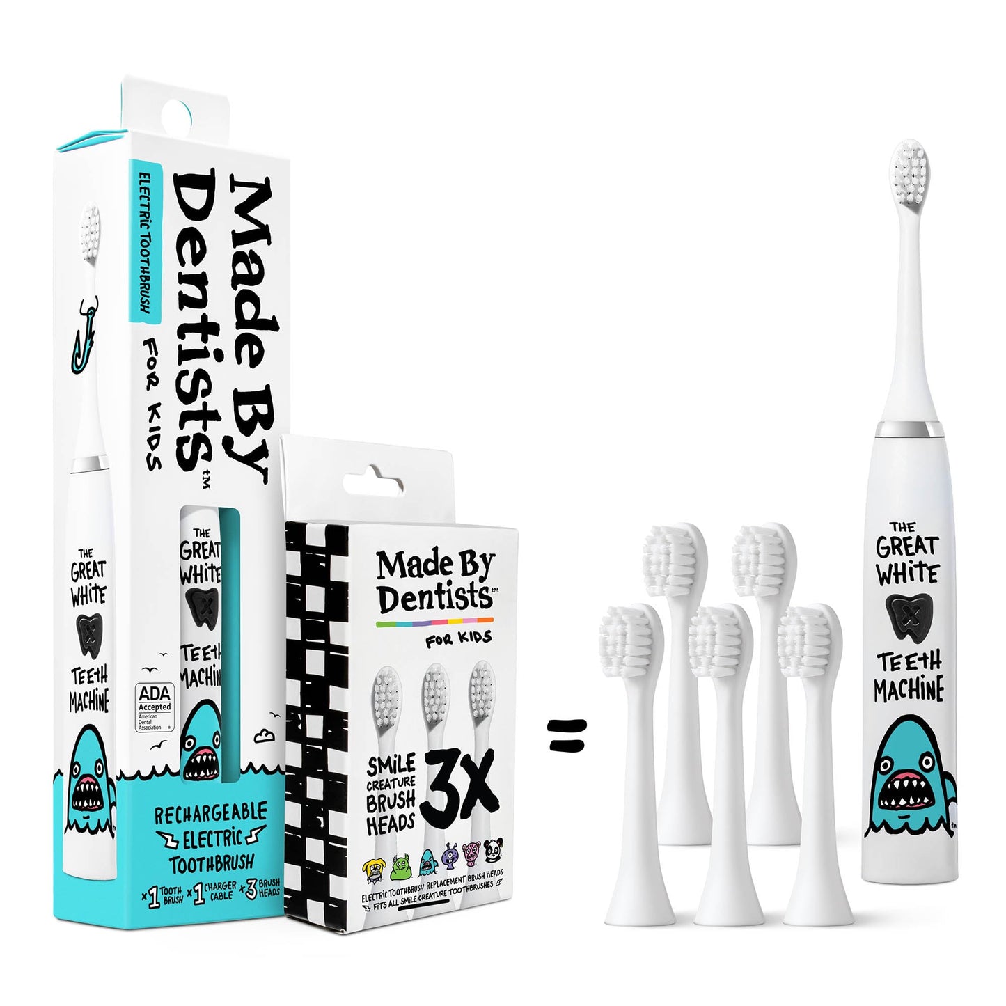 Made by Dentists Kids Electric Toothbrush Shark Design – 2+ Years, Rechargeable, 6 Replacement Heads