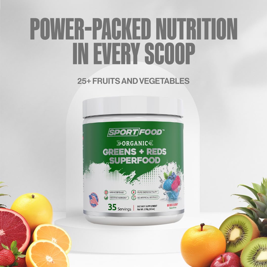 Sport Food Greens & Reds Superfood Powder – Mixed Berry (35 Servings) | 25+ Super Fruits & Veggies