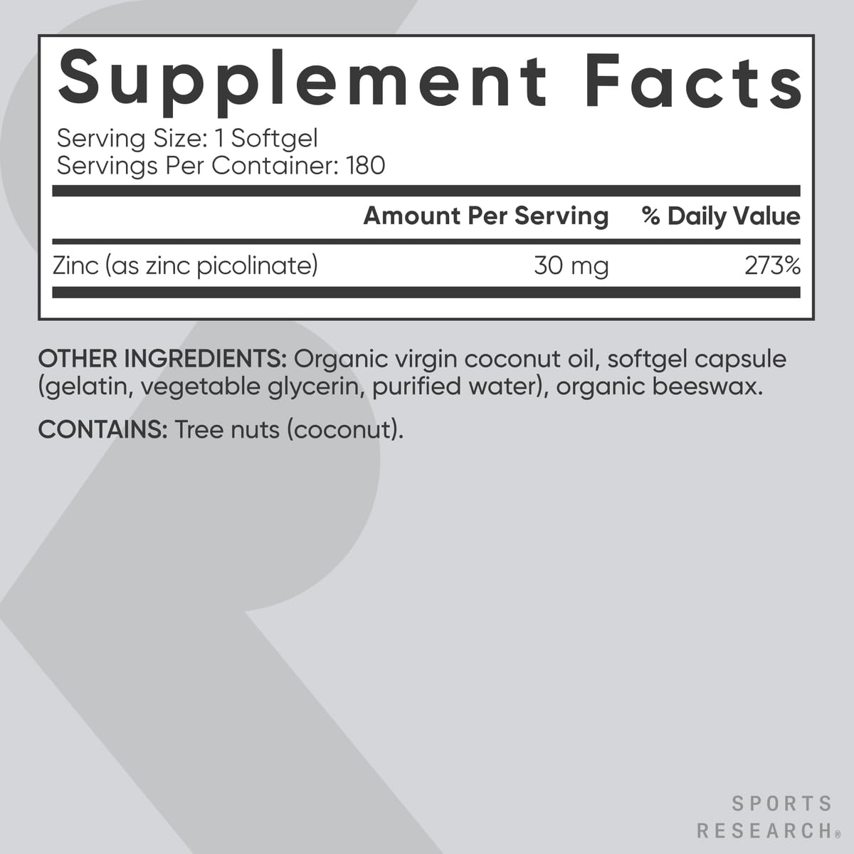 Sports Research Zinc Picolinate 30mg with Organic Coconut Oil - 180 Softgels