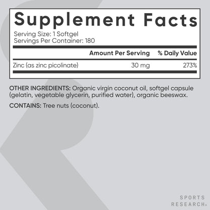 Sports Research Zinc Picolinate 30mg with Organic Coconut Oil - 180 Softgels