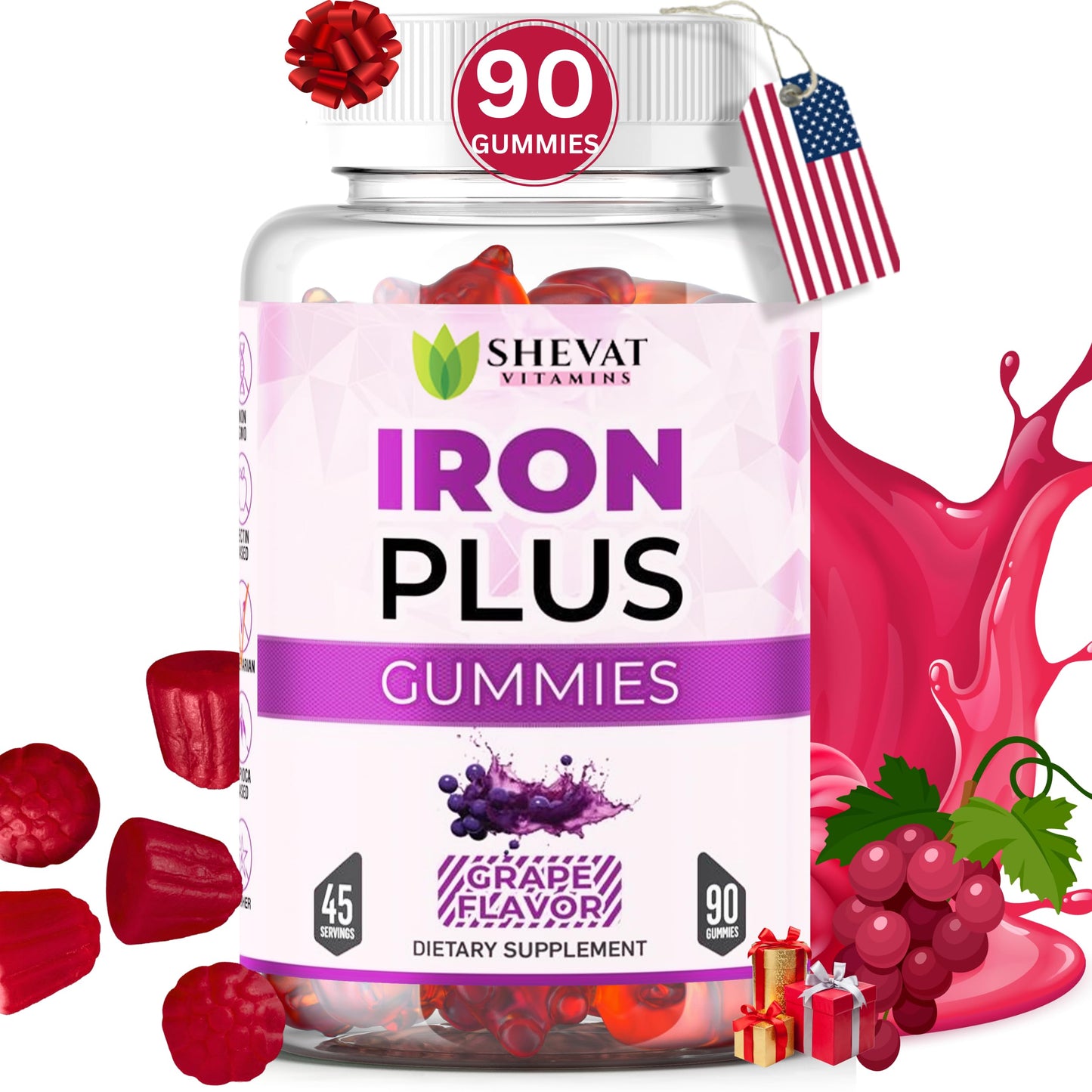 Made in USA 90 Iron Gummies for Women – Vegan, Gluten Free & Immune Support (Grape)