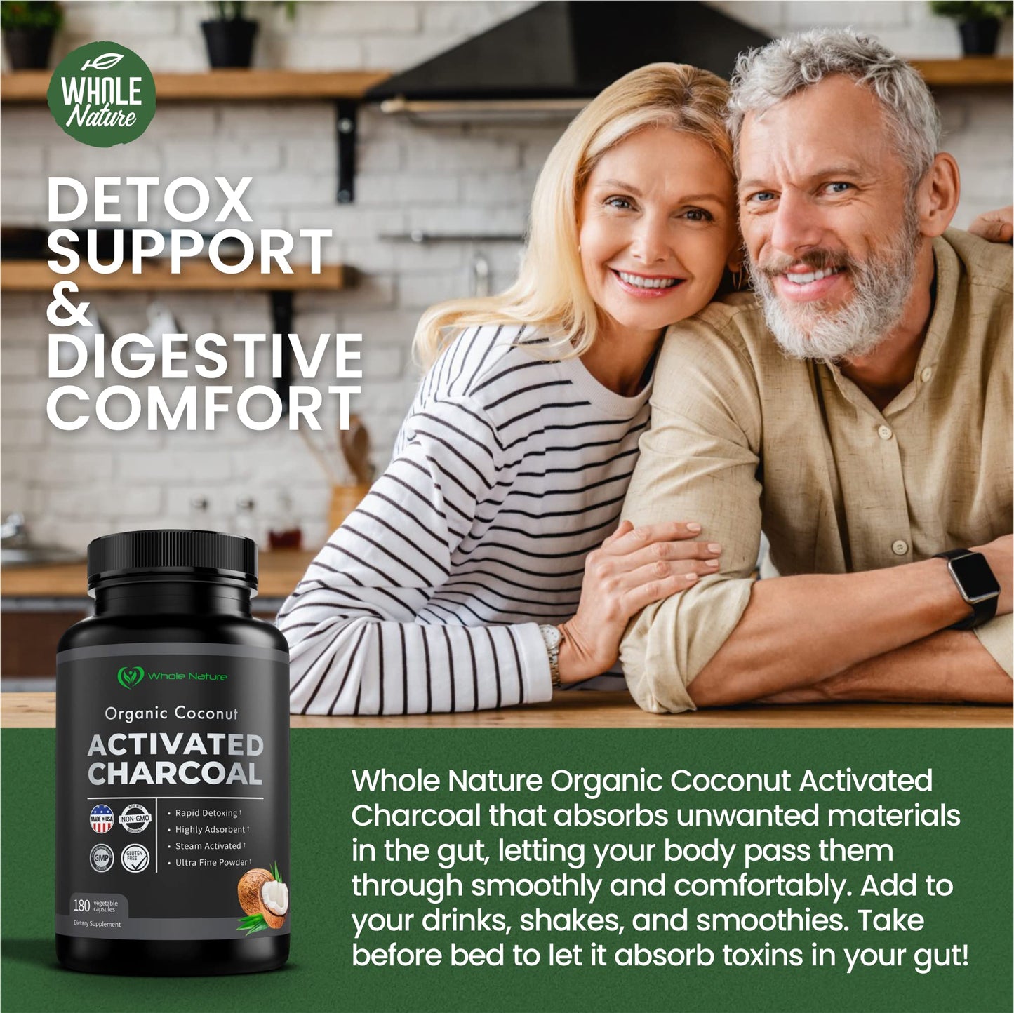 Pure Coconut Activated Charcoal Capsules - 180 Count | Teeth Whitening, Bloating & Cleansing
