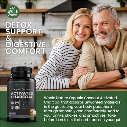 Pure Coconut Activated Charcoal Capsules - 180 Count | Teeth Whitening, Bloating & Cleansing