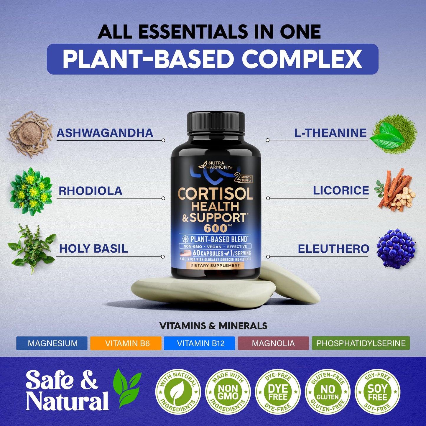 Cortisol Supplement for Women – Holy Basil, Ashwagandha, Rhodiola – Plant-Based Hormone Balance – 60 Capsules – Made in USA – Vegan, Non-GMO